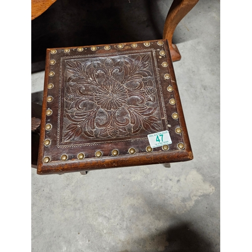 47 - Pair of antique leather topped stools