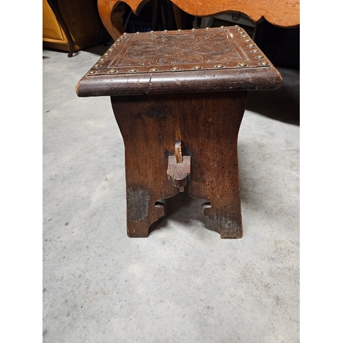 47 - Pair of antique leather topped stools