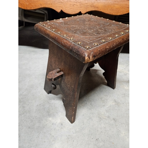 47 - Pair of antique leather topped stools