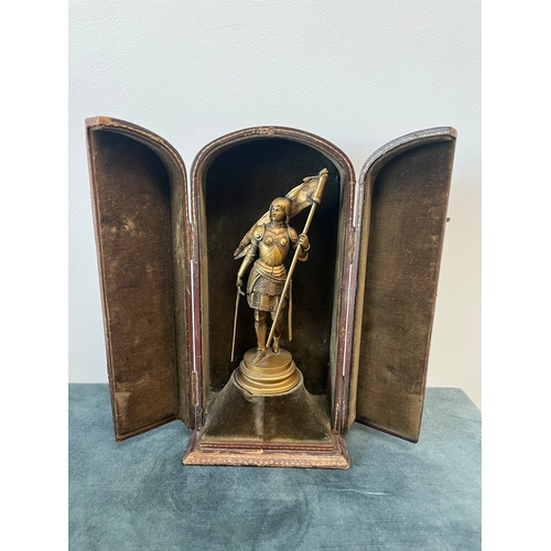 151 - Antique bronze figure of Joan of Ark in leather traveling case 

Signed to base - Ernest Justin Ferr... 