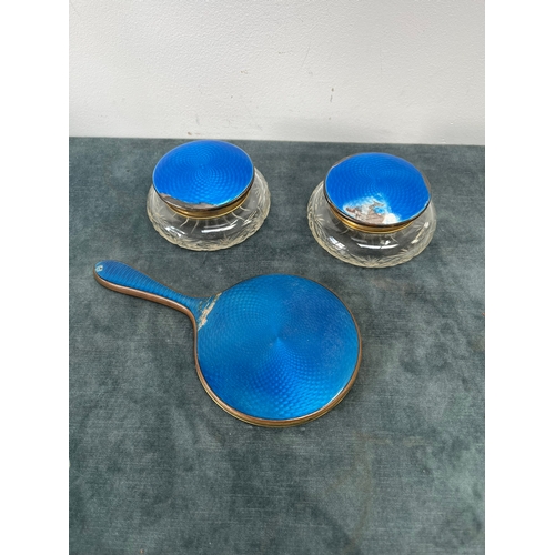 228 - Crystal and enamel pots and dressing mirror