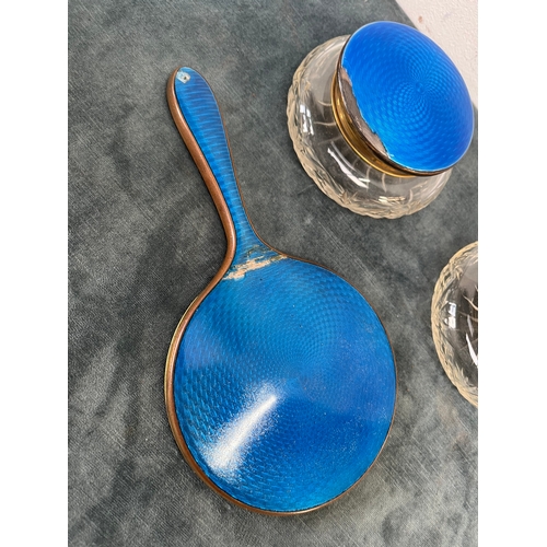 228 - Crystal and enamel pots and dressing mirror