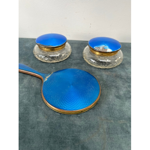 228 - Crystal and enamel pots and dressing mirror