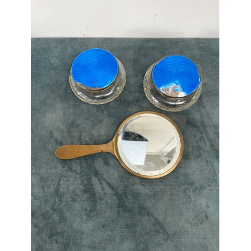 228 - Crystal and enamel pots and dressing mirror