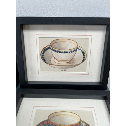 798 - Group of four framed images of tea cups. Painted on linen