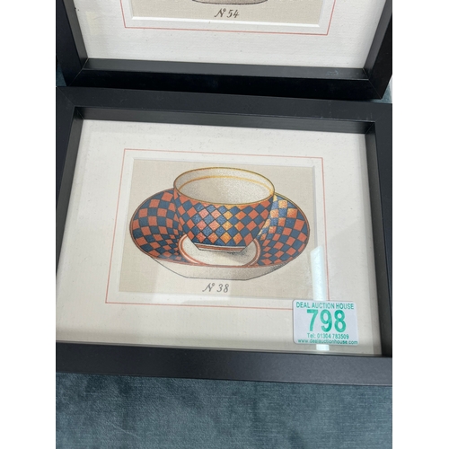 798 - Group of four framed images of tea cups. Painted on linen