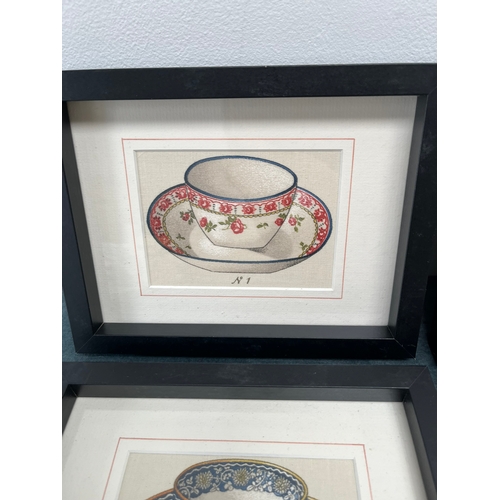 798 - Group of four framed images of tea cups. Painted on linen