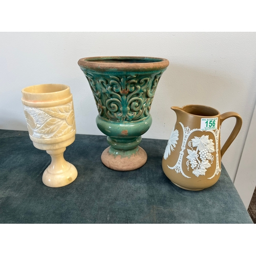 156 - Pottery green vase, Wedgewood style jug and alabaster pot