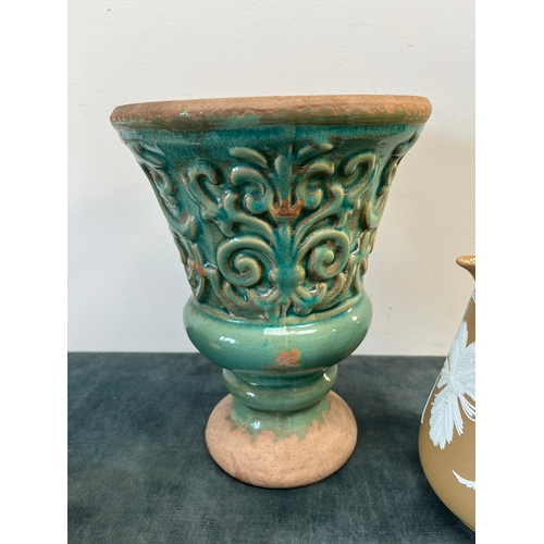 156 - Pottery green vase, Wedgewood style jug and alabaster pot