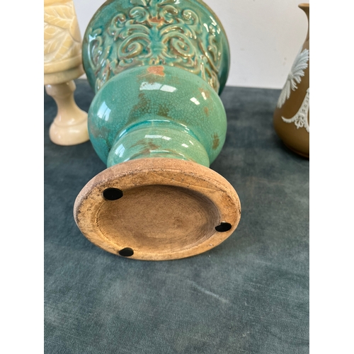 156 - Pottery green vase, Wedgewood style jug and alabaster pot