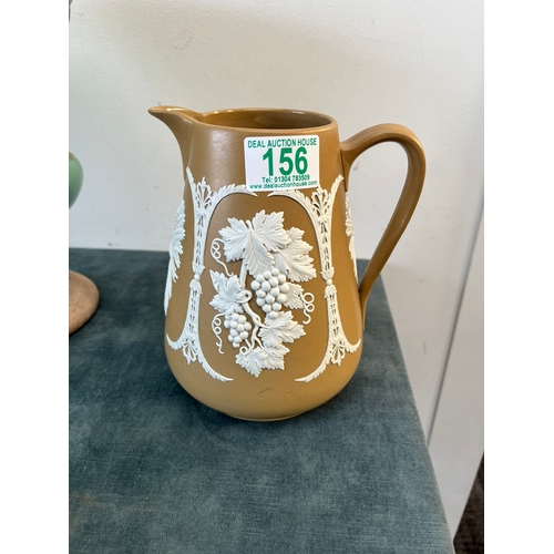 156 - Pottery green vase, Wedgewood style jug and alabaster pot