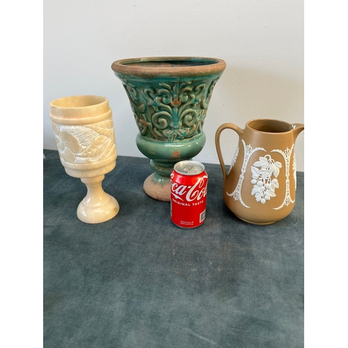 156 - Pottery green vase, Wedgewood style jug and alabaster pot