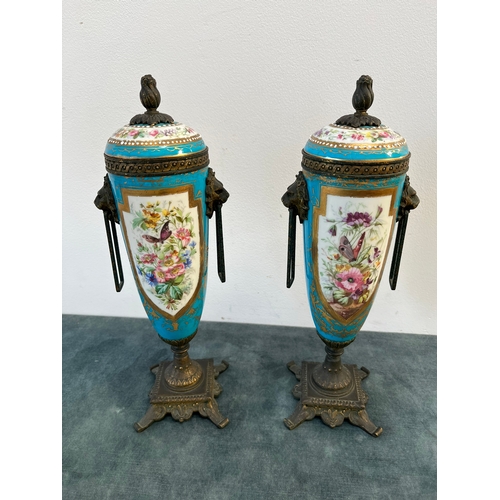 162 - Pair of French decorated urns with lion brass handles