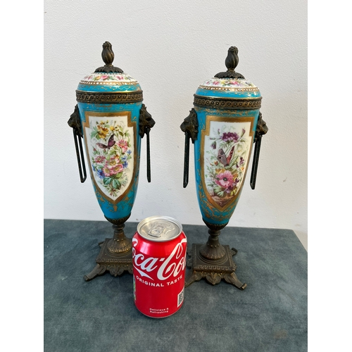 162 - Pair of French decorated urns with lion brass handles