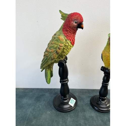 173 - Large resin wall hanging of a macaw and 2 x resin ornaments of parrots on a perch