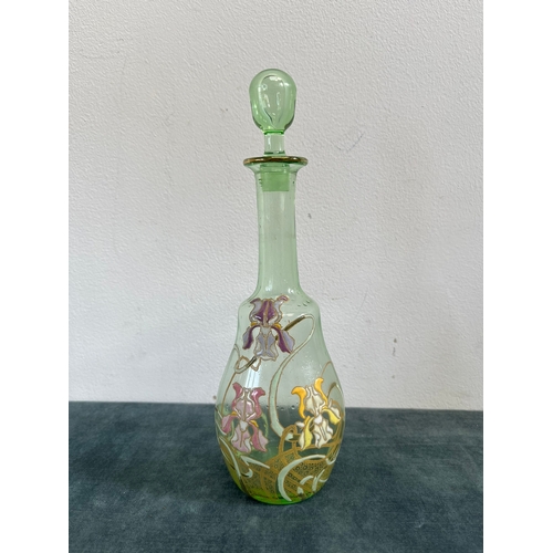 196 - Antique green Art Nouveau glass and enamel decorated decanter - Signed - possibly Legras