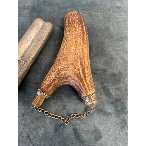 225 - Antler powder/ drinking flask and cigar case