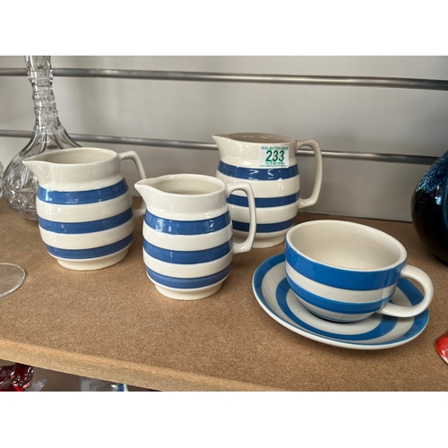 233 - 3 x Cornish ware jugs and cup and saucer