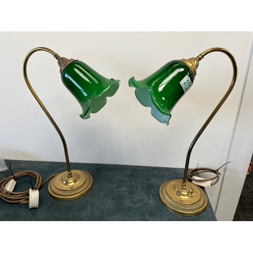 272 - Pair of green glass and brass lamps swan neck