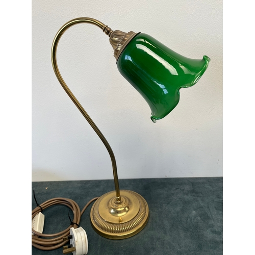 272 - Pair of green glass and brass lamps swan neck