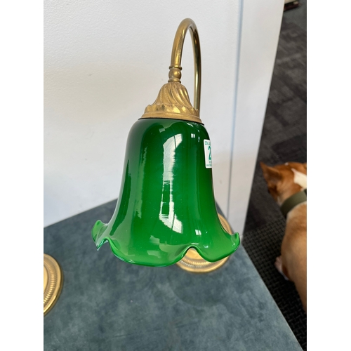 272 - Pair of green glass and brass lamps swan neck