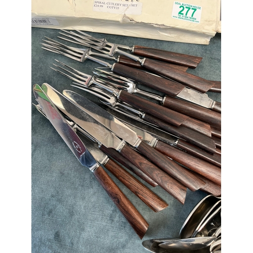 277 - Set of spiral cutlery and selection of retro wood handle cutlery