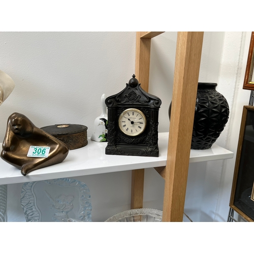 306 - Resin clock, pottery vase, bell, brass trinket box and resin sculpture