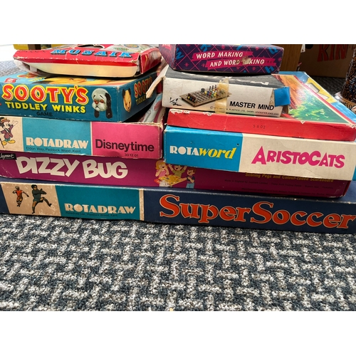 364 - Vintage games including Super Soccer, Rotadraw, Sooty's Tiddley Winks, Mastermind ect.