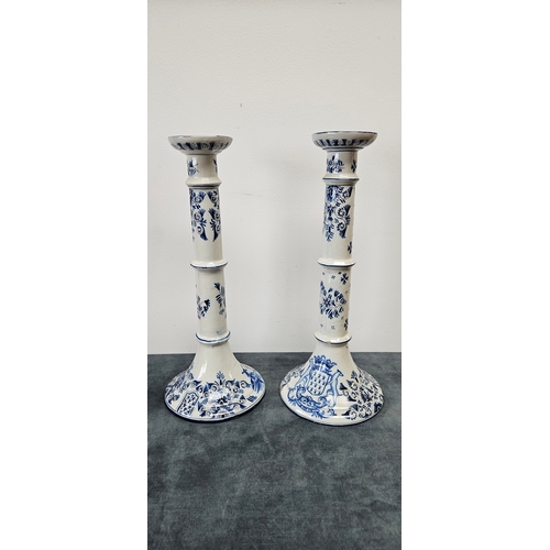 216 - Large pair of Dutch Delft blue and white porcelain candlesticks