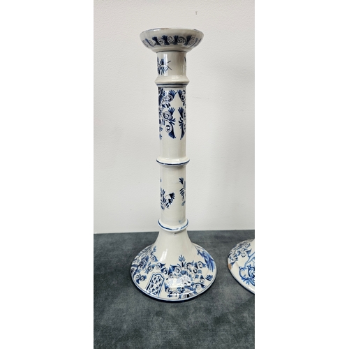 216 - Large pair of Dutch Delft blue and white porcelain candlesticks