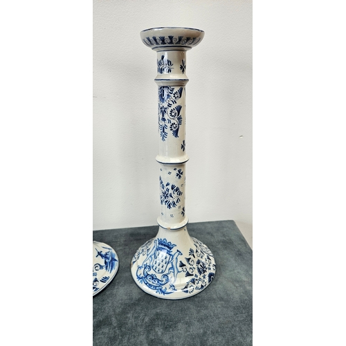 216 - Large pair of Dutch Delft blue and white porcelain candlesticks