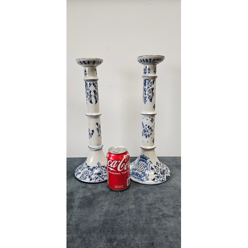 216 - Large pair of Dutch Delft blue and white porcelain candlesticks