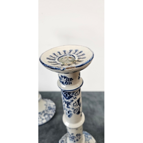 216 - Large pair of Dutch Delft blue and white porcelain candlesticks