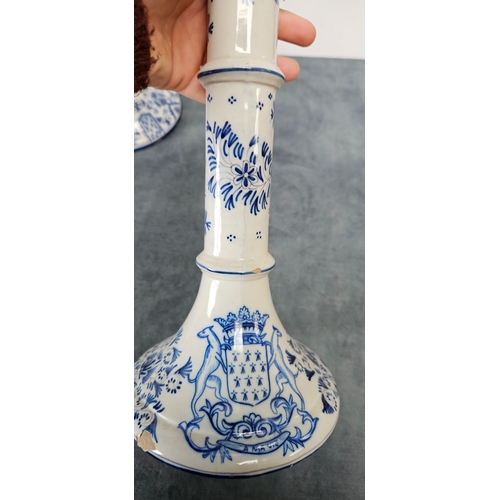 216 - Large pair of Dutch Delft blue and white porcelain candlesticks