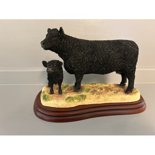 303 - Border Fine Arts 'Galloway Cow And Calf' (Black) A3790 On Wood Base With Box