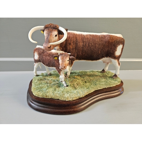 300 - Border Fine Arts 'Longhorn Cow And Calf' B0993 By R Ayres Limited Edition 300/500 On Wood Base With ... 