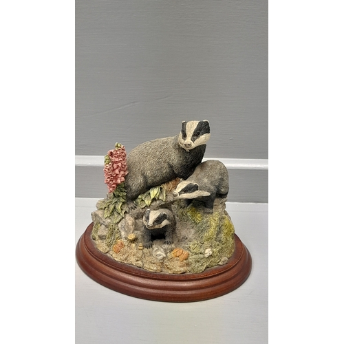 396 - Border Fine Arts 'Badger Family' B0221 By K Armstrong On Wood Base