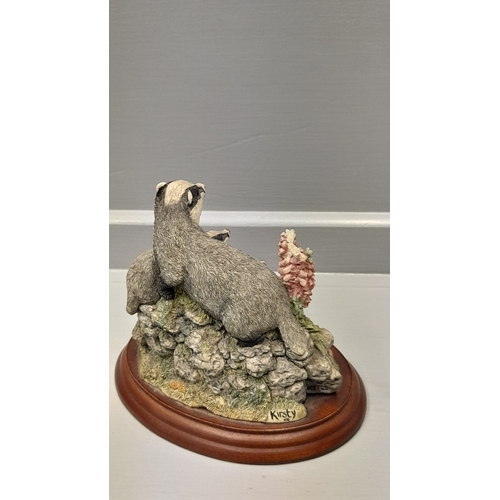 396 - Border Fine Arts 'Badger Family' B0221 By K Armstrong On Wood Base