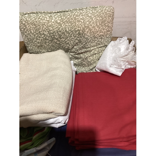 65 - Box Including Bed Linen, Towels, Wool Rug, Cushion Etc