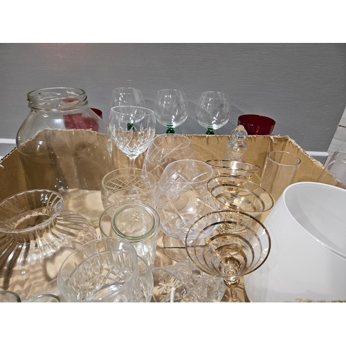 92 - Box Including 3 Green Stemmed Wine Glasses, Glass Storage Jar & Assorted Glasses