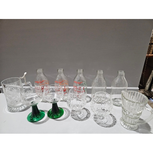 106 - Box Including 6 Glass Milk Bottles, Assorted Glasses Etc