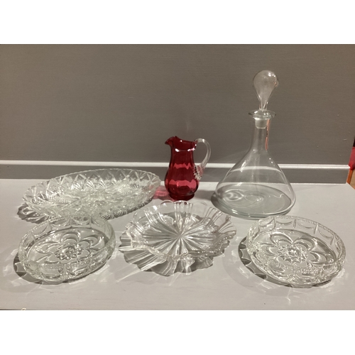 107 - Box Including Cut Glass Dishes, Decanter, Cranberry Style Jug Etc