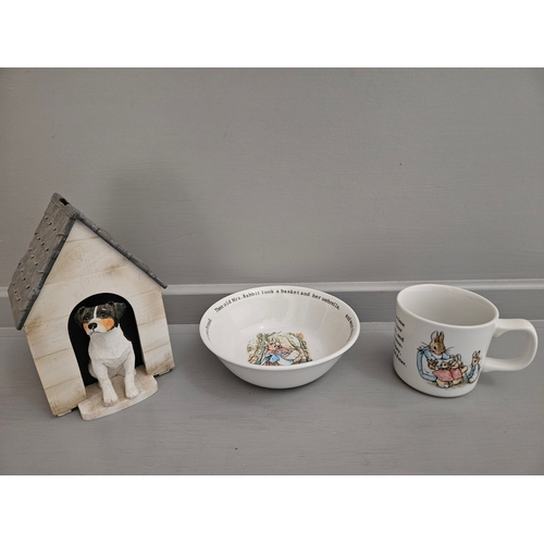 161 - Bunnykins Bowl, Mug & Cup, Peter Rabbit Bowl & Mug, Border Fine Arts Jack Russell Kennel Money Bank ... 