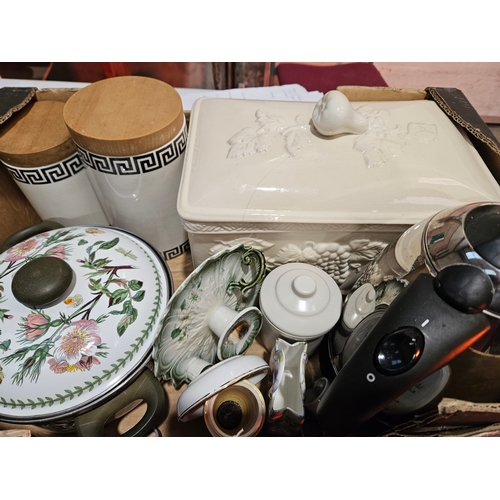 198 - Box Including Portmeirion Pan, Kettle, Storage Jars Etc (A/F)