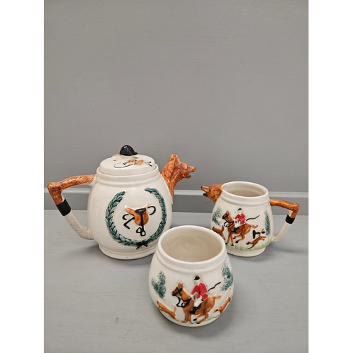 213 - 3Pc Hunting Scene Teapot, Cream & Sugar, Animal Figures Etc