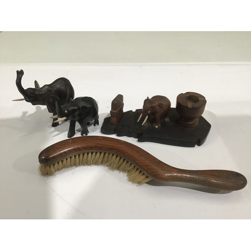 424 - Wood Plates, Elephants (A/F) Elephant Ink Well And Clothes Brush