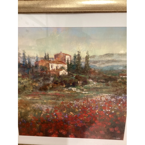 575 - Print In Gilt Frame - Landscape Of Tuscan Villa Farmhouse H70cm W70cm