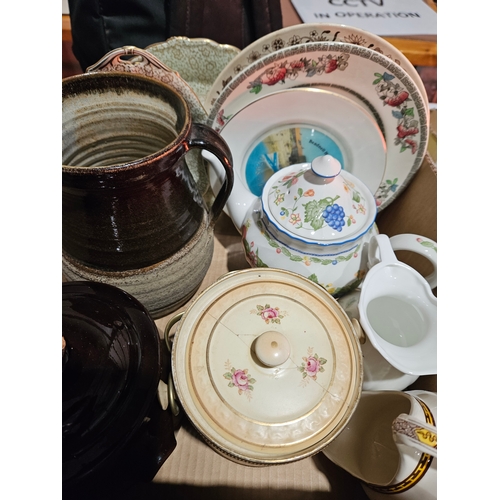 227 - Crown Devon Biscuit Barrel, Ware Pottery Jug, Plates, Teaware Etc