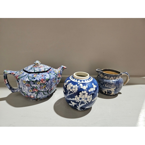 250 - Rington's Blue Teapot, Maling Blue & White Jug, 2 Ginger Jars Etc