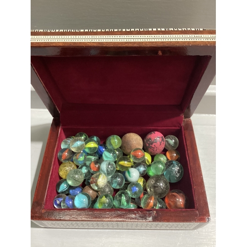 492 - Indian Inlaid Box & A Collection Of Vintage Marbles